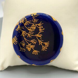 Vintage Handmade Ceramic Brooch Pin Cobalt Blue Gold Tone Handpainted By Ariglo